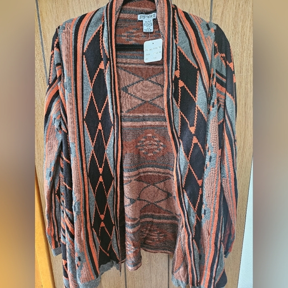 Sweaters - II Sisters Cardigan Sweater WM OS Aztec Geometric Orange Gray Black Open Front